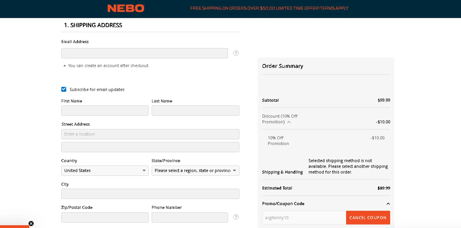 Nebo US promo code screenshot showing code acgfamily10 applied at Nebo US checkout page. Uploaded by SimplyCodes community member beatrizcastillo on May 6, 2026