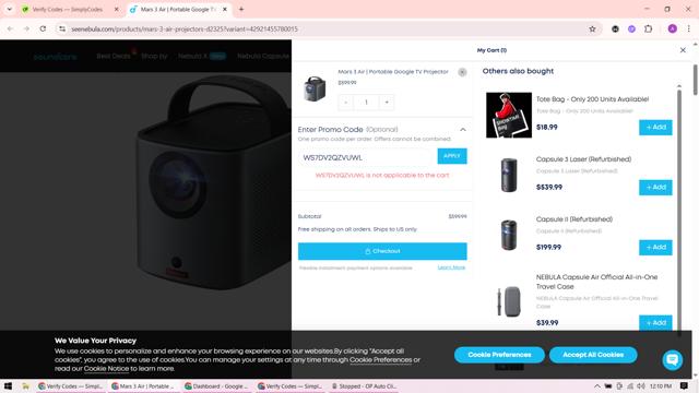 Nebula checkout page showing Nebula discount code box | Screenshot taken by SimplyCodes community member on Sep 15, 2025
