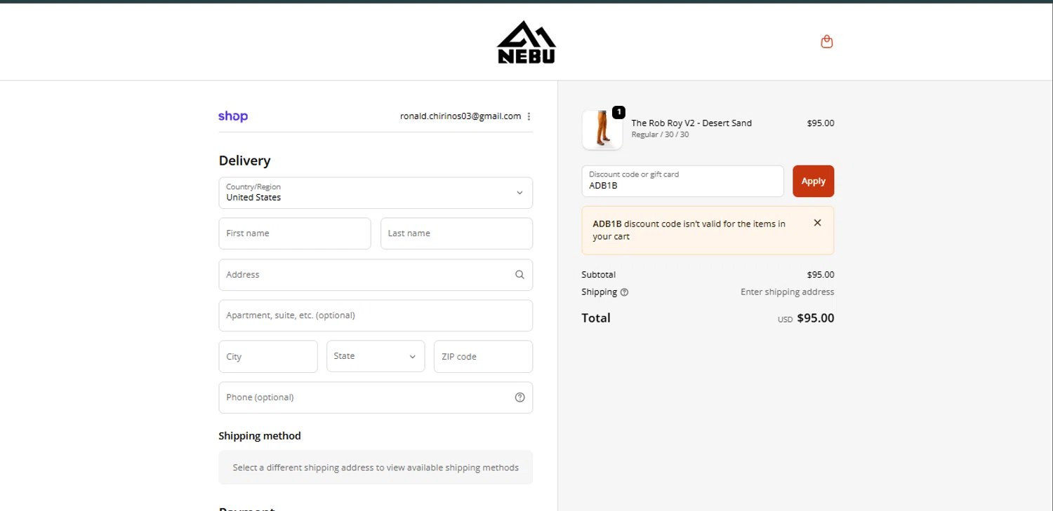 Nebu Summit promo code screenshot showing code ADB1B applied at Nebu Summit checkout page. Uploaded by SimplyCodes community member SmartWhiz589 on Oct 11, 2025