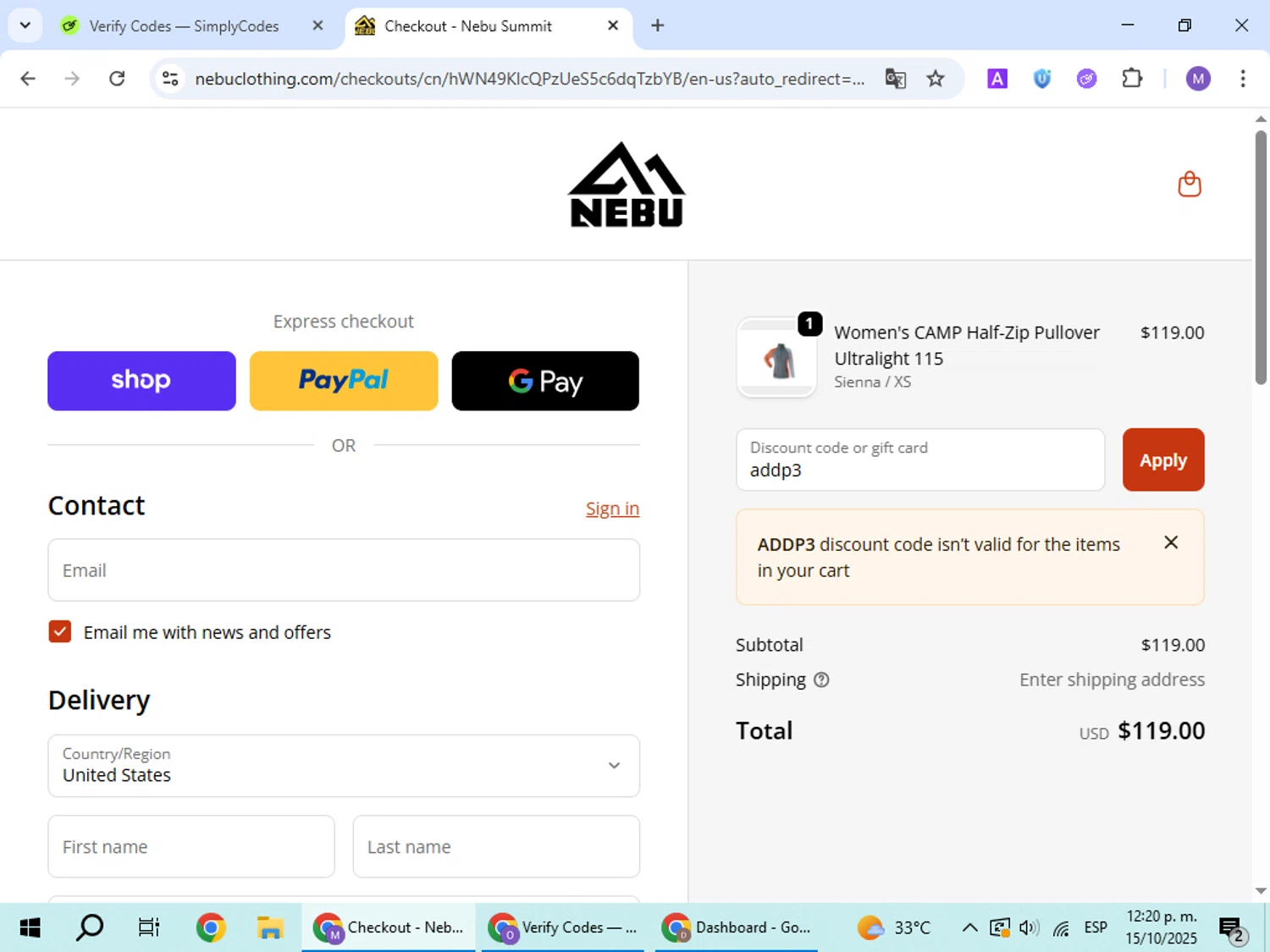 Nebu Summit promo code screenshot showing code addp3 applied at Nebu Summit checkout page. Uploaded by SimplyCodes community member VoucherScout6115 on Oct 15, 2025