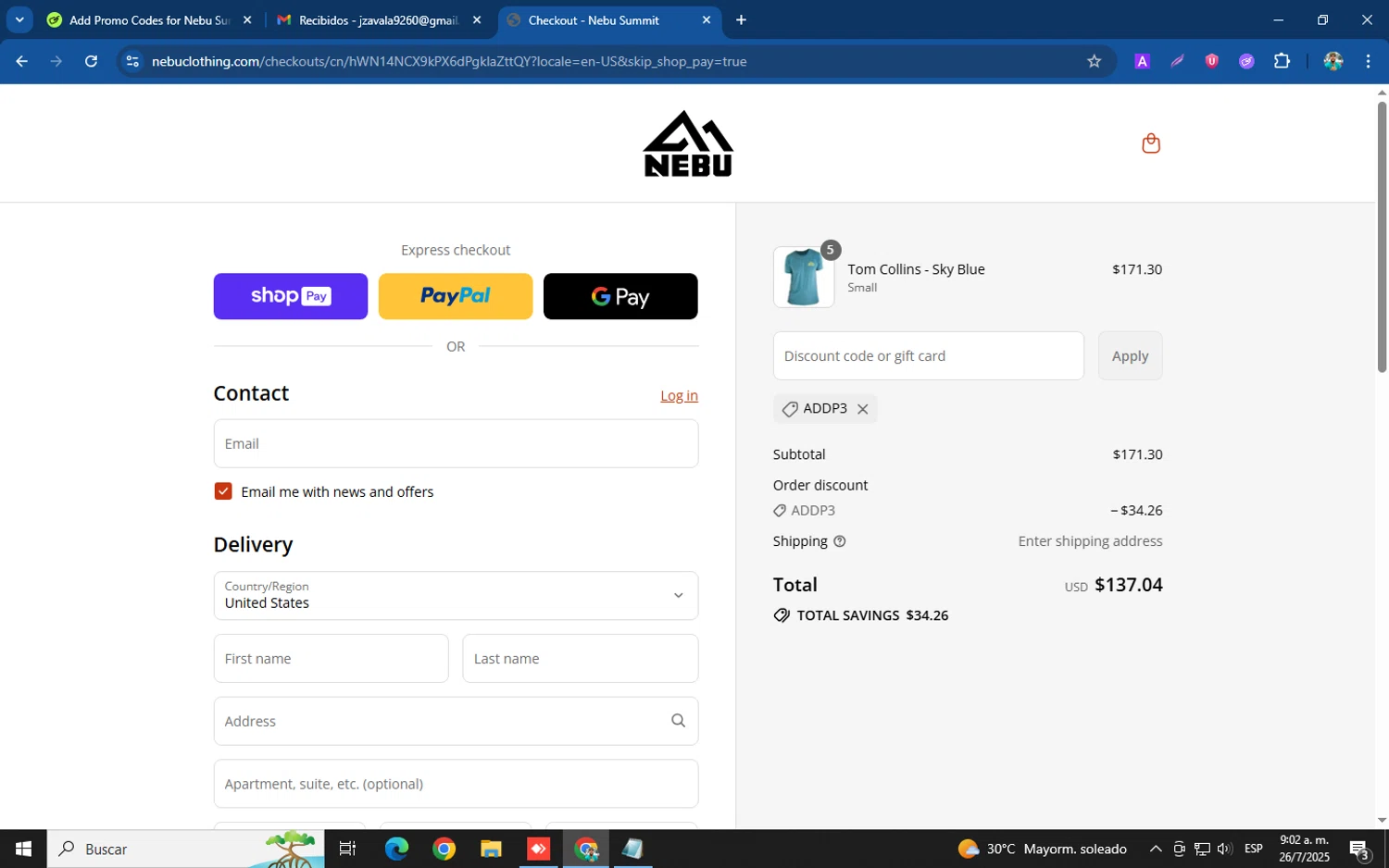 Nebu Summit promo code screenshot showing code addp3 applied at Nebu Summit checkout page. Uploaded by SimplyCodes community member XemoGOD on Jul 26, 2025