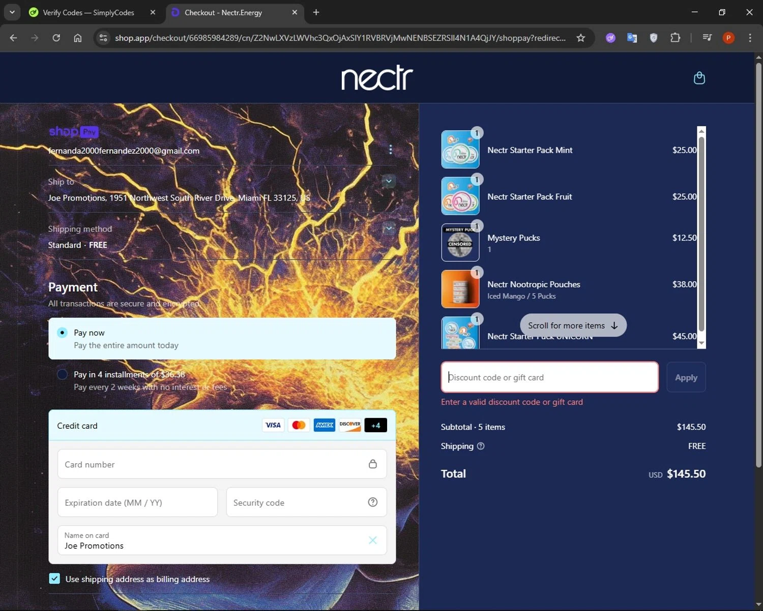 Nectr.Energy promo code screenshot showing code HBIQ applied at Nectr.Energy checkout page. Uploaded by SimplyCodes community member AuronPlay on May 13, 2025
