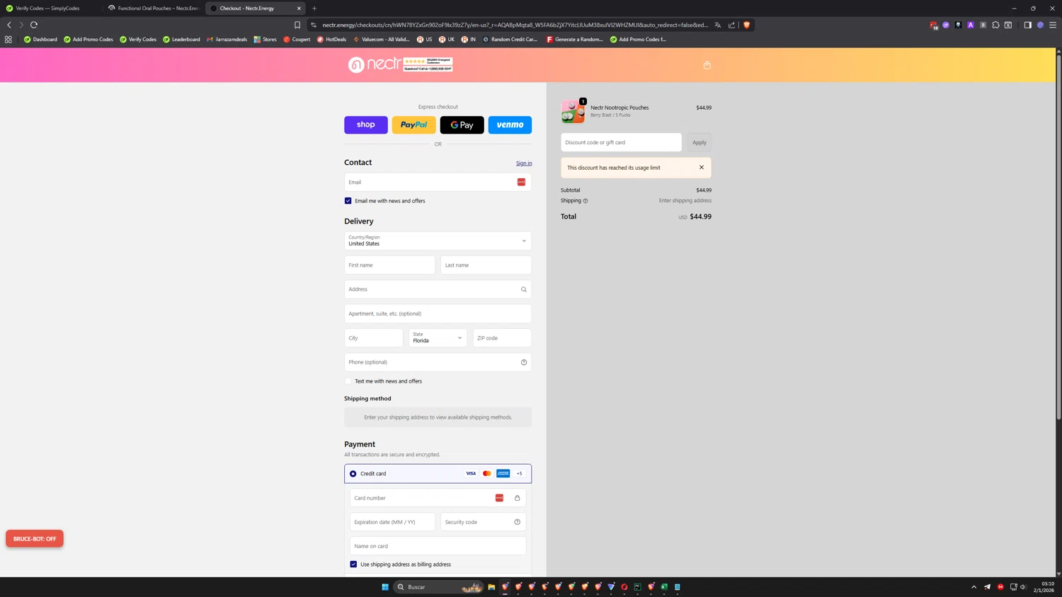 Nectr.Energy promo code screenshot showing code SNOW65415 applied at Nectr.Energy checkout page. Uploaded by SimplyCodes community member ilarrazam9 on Jan 2, 2026