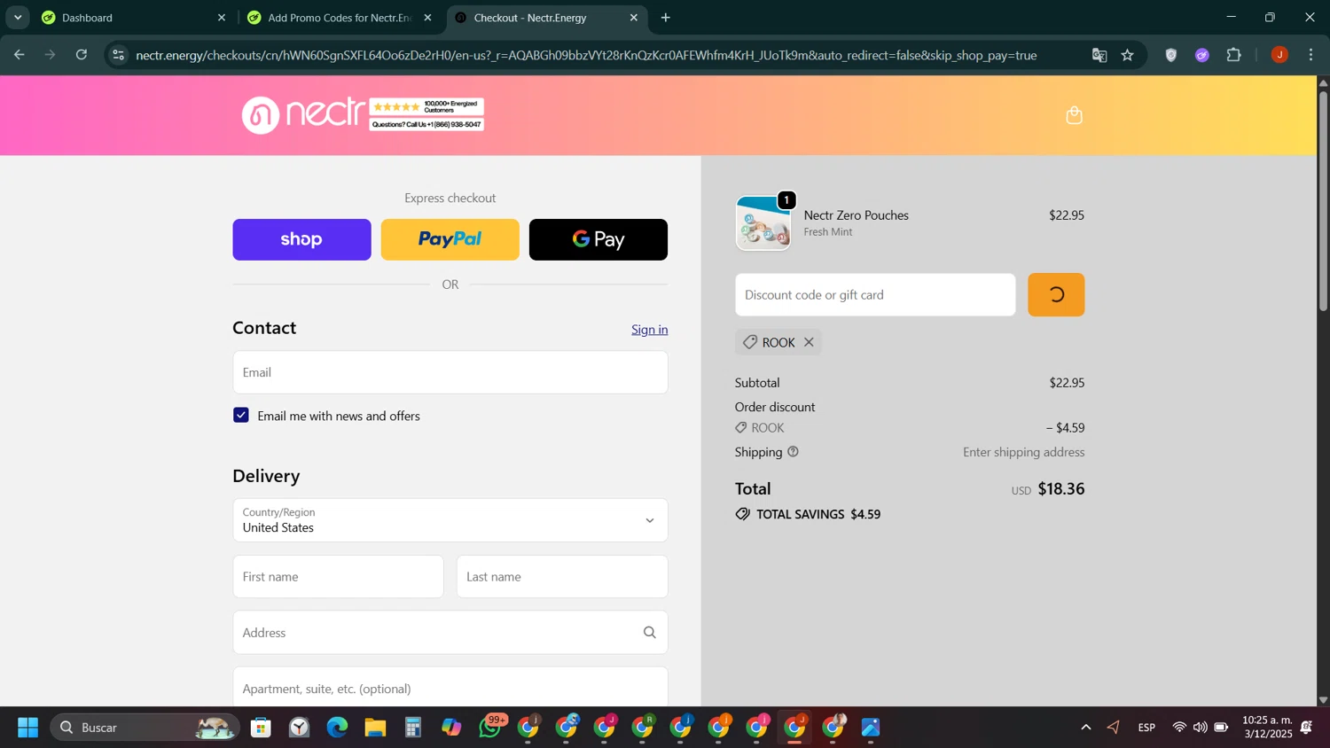 Nectr.Energy promo code screenshot showing code ROOK applied at Nectr.Energy checkout page. Uploaded by SimplyCodes community member ShieldAce8260 on Dec 3, 2025