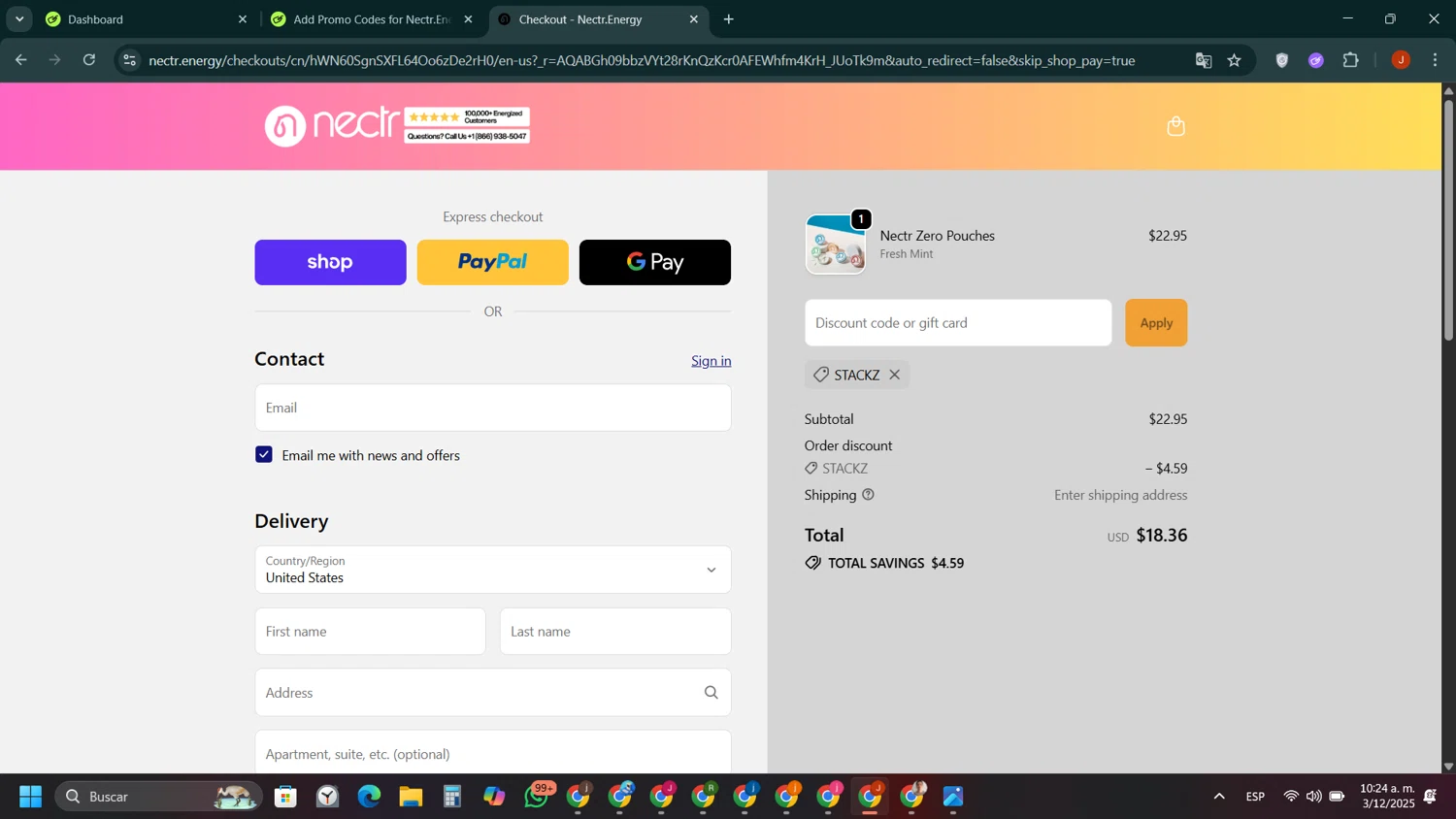 Nectr.Energy promo code screenshot showing code STACKZ applied at Nectr.Energy checkout page. Uploaded by SimplyCodes community member ShieldAce8260 on Dec 3, 2025