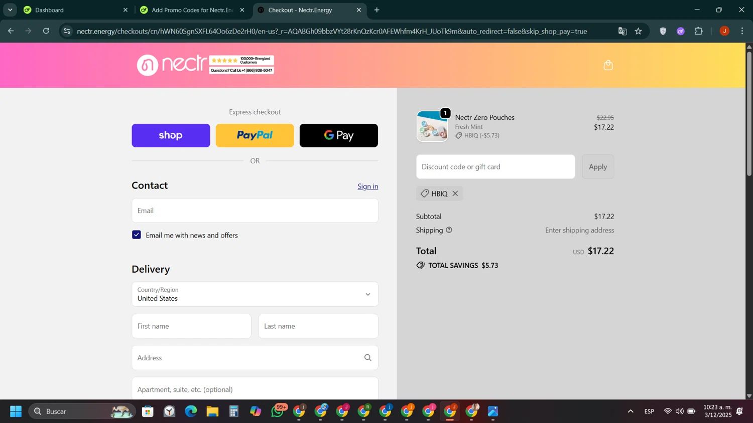 Nectr.Energy promo code screenshot showing code HBIQ applied at Nectr.Energy checkout page. Uploaded by SimplyCodes community member ShieldAce8260 on Dec 3, 2025