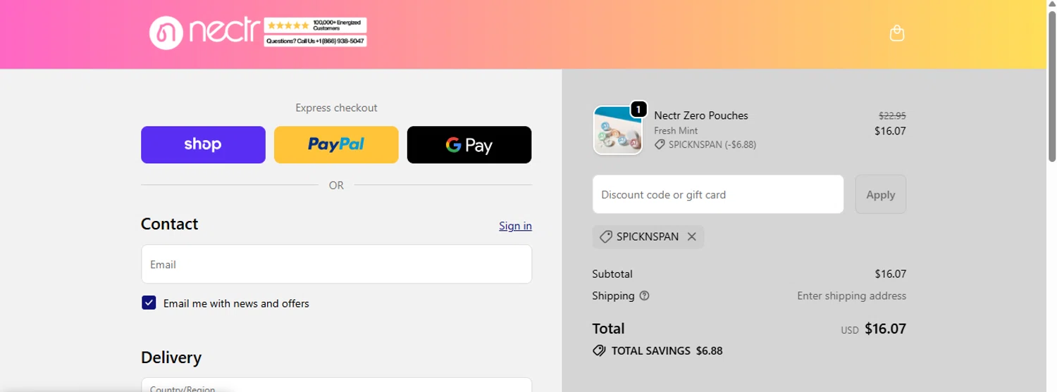 Nectr.Energy promo code screenshot showing code SPICKNSPAN applied at Nectr.Energy checkout page. Uploaded by SimplyCodes community member anosesmith on Dec 15, 2025