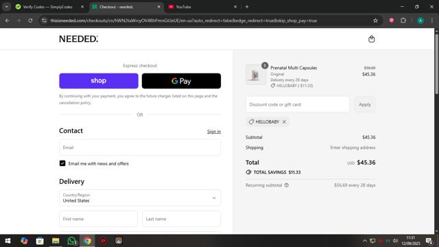 Needed. checkout page showing Needed. promo code box | Screenshot taken by SimplyCodes community member on Sep 12, 2025