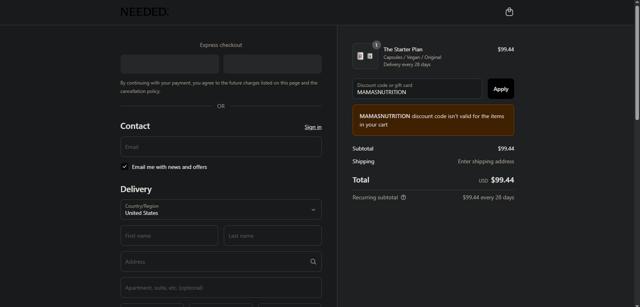 Needed. checkout page showing Needed. promo code box | Screenshot taken by SimplyCodes community member on Sep 12, 2025