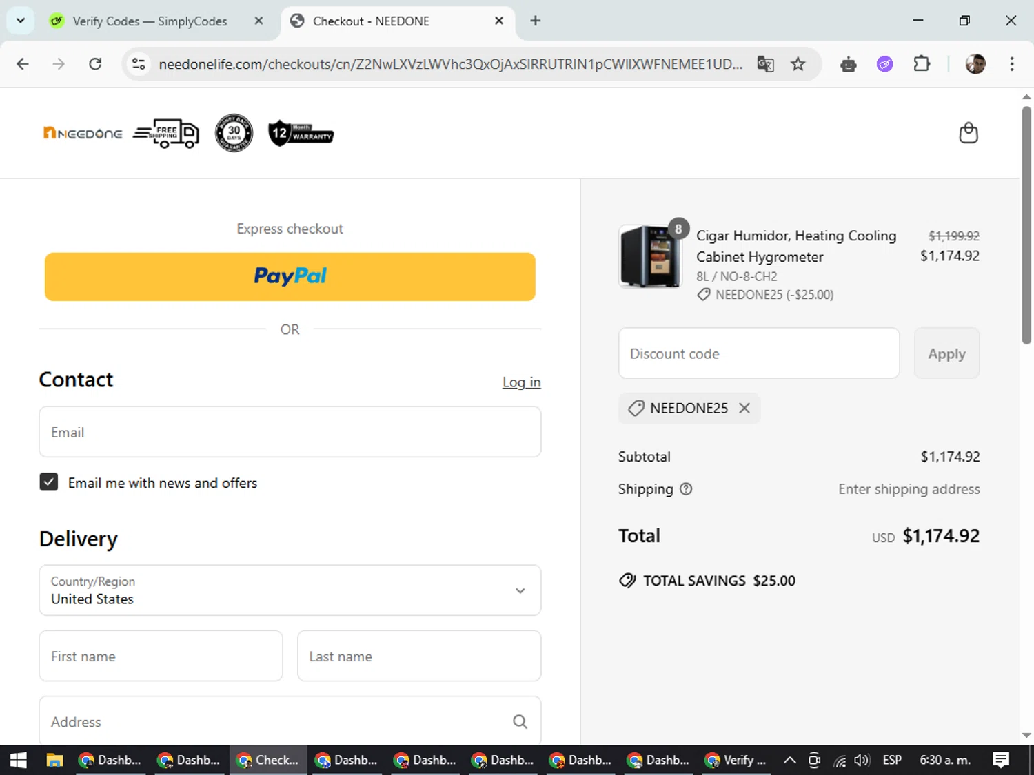 NEEDONE promo code screenshot showing code Needone25 applied at NEEDONE checkout page. Uploaded by SimplyCodes community member DiscountSeeker682 on May 8, 2025