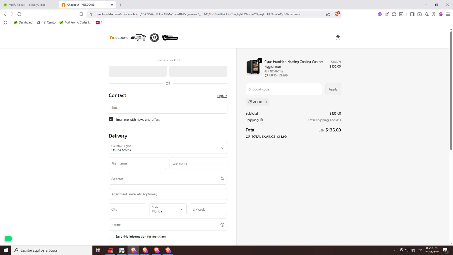 NEEDONE promo code screenshot showing code AFF10 applied at NEEDONE checkout page. Uploaded by SimplyCodes community member Nezukooo on Nov 20, 2025