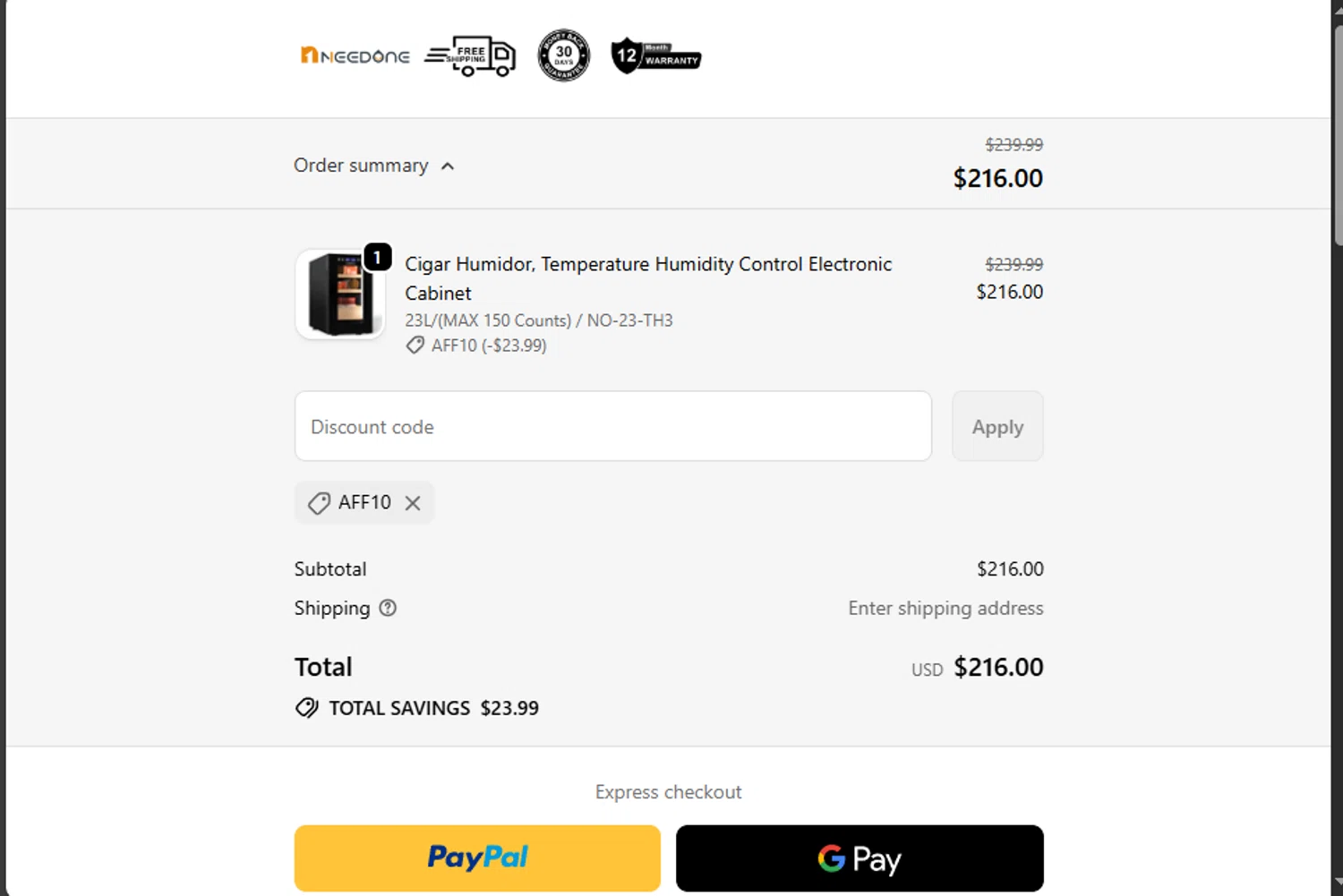 NEEDONE promo code screenshot showing code AFF10 applied at NEEDONE checkout page. Uploaded by SimplyCodes community member jupitera on Oct 28, 2025