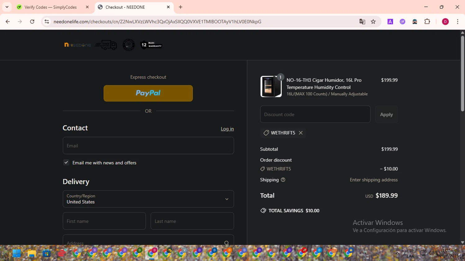 NEEDONE promo code screenshot showing code WETHRIFT5 applied at NEEDONE checkout page. Uploaded by SimplyCodes community member EpicSaver9948 on Jun 26, 2025