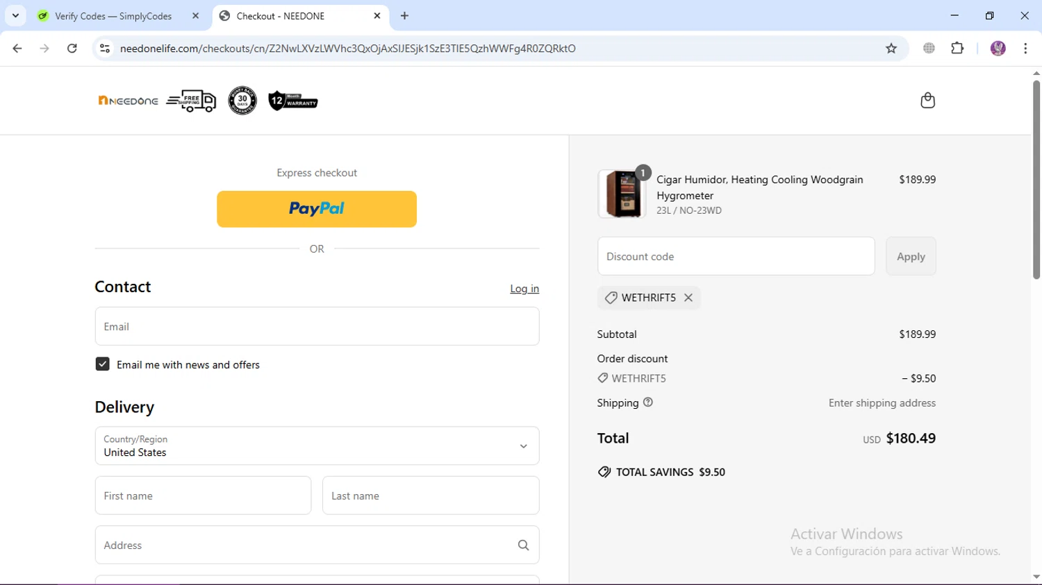 NEEDONE promo code screenshot showing code WETHRIFT5 applied at NEEDONE checkout page. Uploaded by SimplyCodes community member LassoReyes on Apr 9, 2025