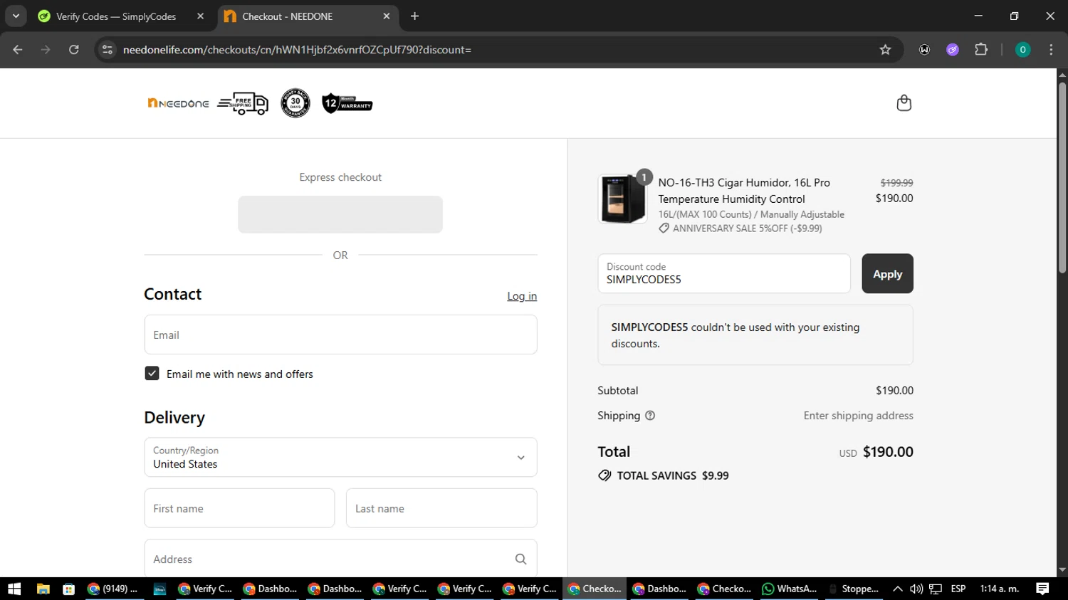NEEDONE promo code screenshot showing code SIMPLYCODES5 applied at NEEDONE checkout page. Uploaded by SimplyCodes community member LuckyDefender9428 on Aug 1, 2025