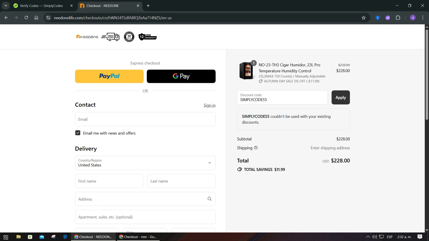 NEEDONE promo code screenshot showing code SIMPLYCODES5 applied at NEEDONE checkout page. Uploaded by SimplyCodes community member VoucherPilot2282 on Sep 17, 2025
