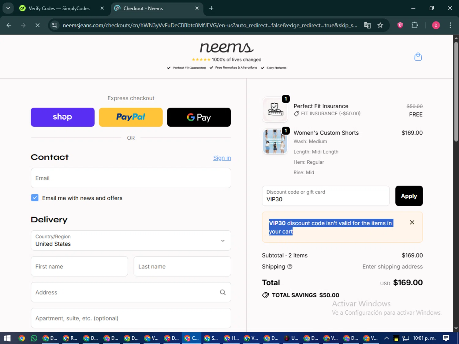 Neems promo code screenshot showing code VIP30 applied at Neems checkout page. Uploaded by SimplyCodes community member MoneySeeker7165 on Oct 11, 2025
