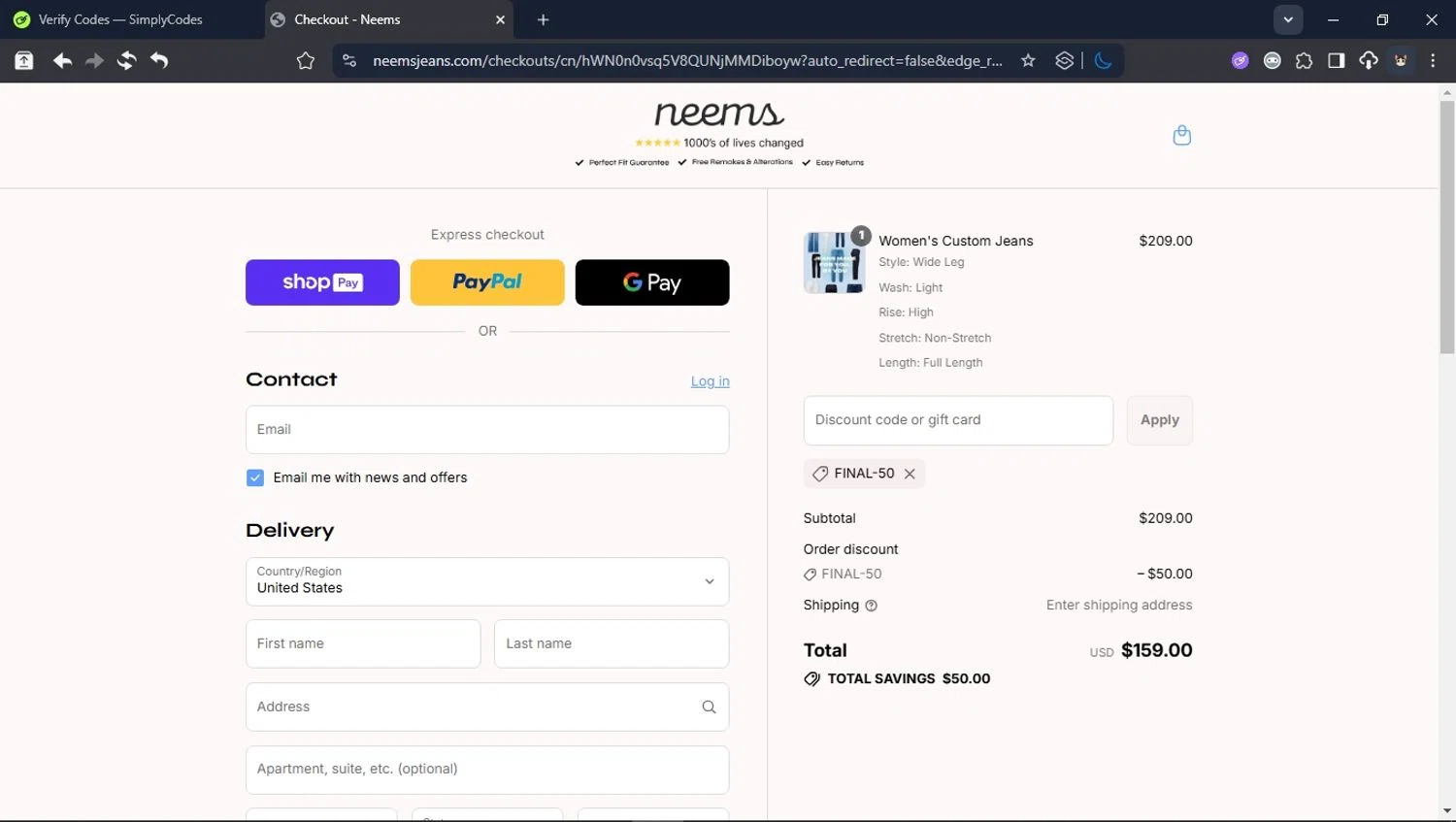 Neems promo code screenshot showing code FINAL-50 applied at Neems checkout page. Uploaded by SimplyCodes community member LegendaryCollector6259 on Jul 19, 2025