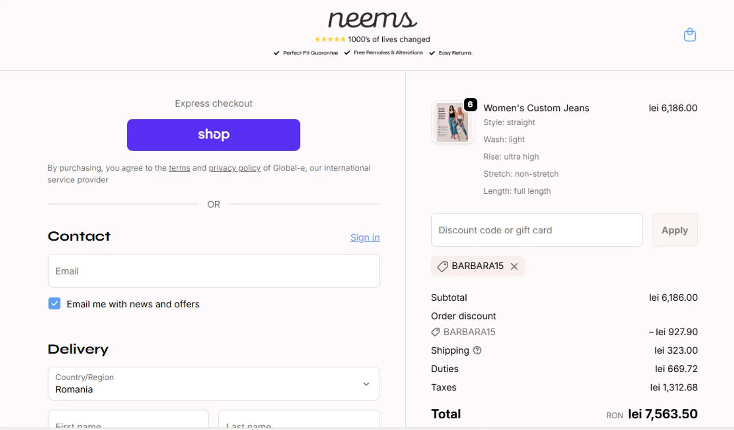 Neems promo code screenshot showing code BARBARA15 applied at Neems checkout page. Uploaded by SimplyCodes community member Sweety2020 on Nov 14, 2025