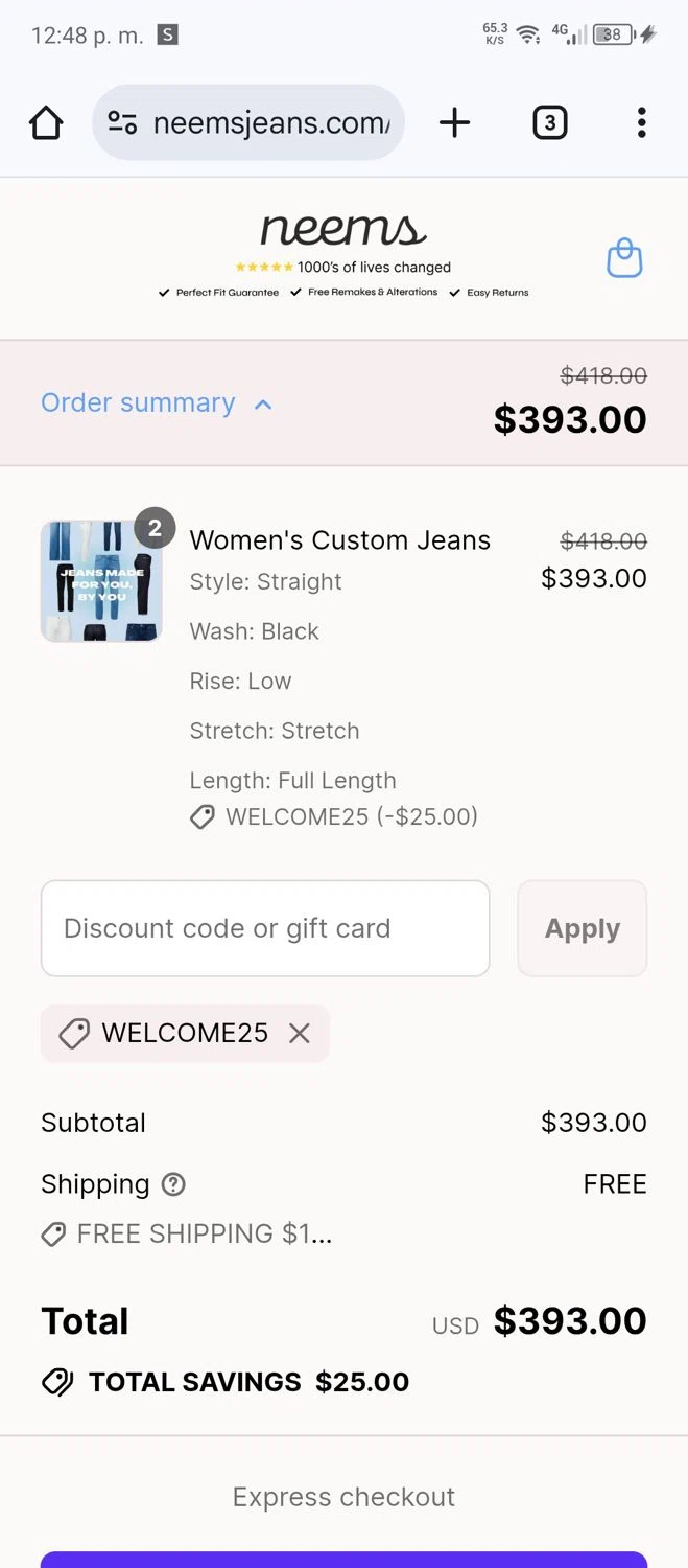 Neems promo code screenshot showing code Welcome25 applied at Neems checkout page. Uploaded by SimplyCodes community member Luis0101 on Jul 2, 2025