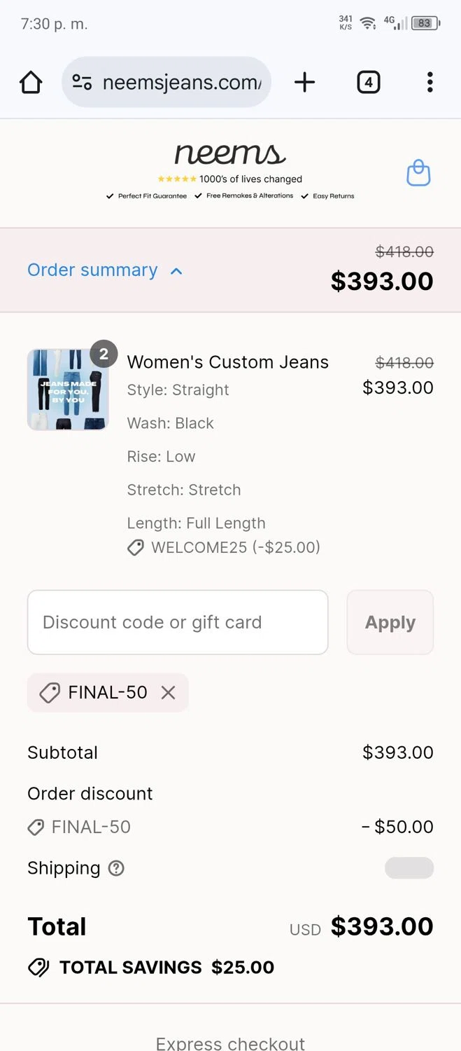 Neems promo code screenshot showing code FINAL-50 applied at Neems checkout page. Uploaded by SimplyCodes community member Luis0101 on Jul 4, 2025