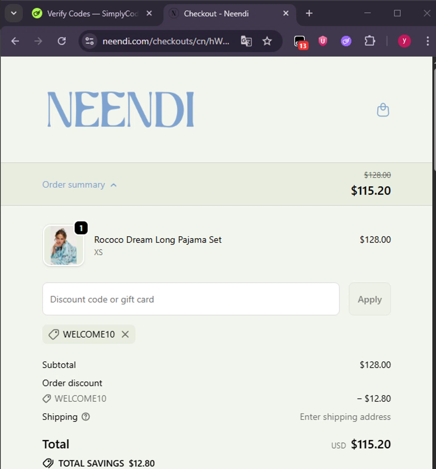 Neendi promo code screenshot showing code WELCOME10 applied at Neendi checkout page. Uploaded by SimplyCodes community member ValiantFox2134 on Dec 31, 2025