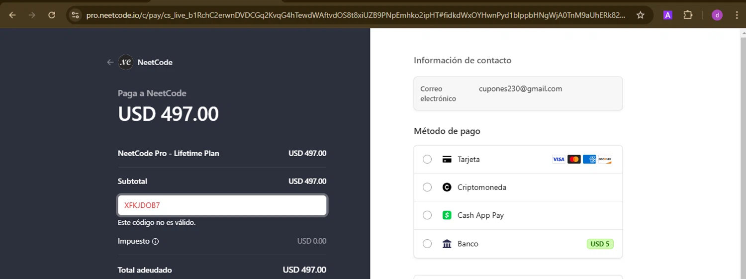 NeetCode promo code screenshot showing code XFKJDOB7 applied at NeetCode checkout page. Uploaded by SimplyCodes community member PennyTiger4891 on Feb 13, 2025