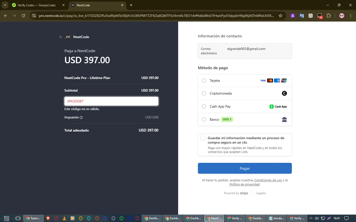 NeetCode promo code screenshot showing code XFKJDOB7 applied at NeetCode checkout page. Uploaded by SimplyCodes community member SmartElite7457 on Mar 15, 2025