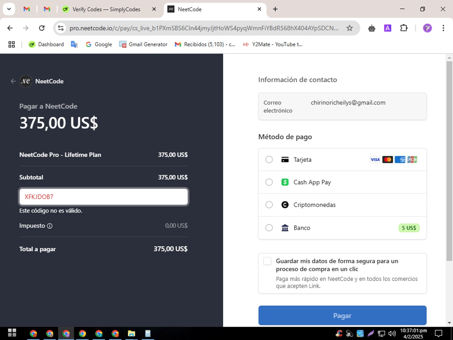 NeetCode promo code screenshot showing code XFKJDOB7 applied at NeetCode checkout page. Uploaded by SimplyCodes community member CouponSentinel5832 on Feb 5, 2025