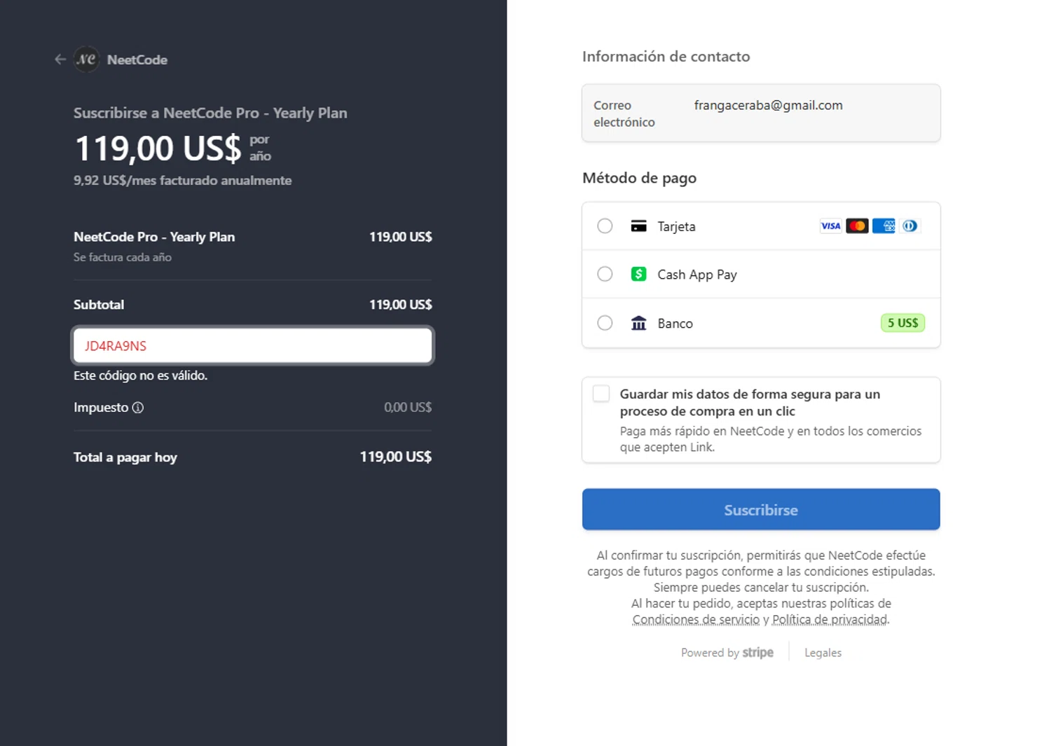 NeetCode promo code screenshot showing code JD4RA9NS applied at NeetCode checkout page. Uploaded by SimplyCodes community member ValiantPioneer1048 on Mar 20, 2025