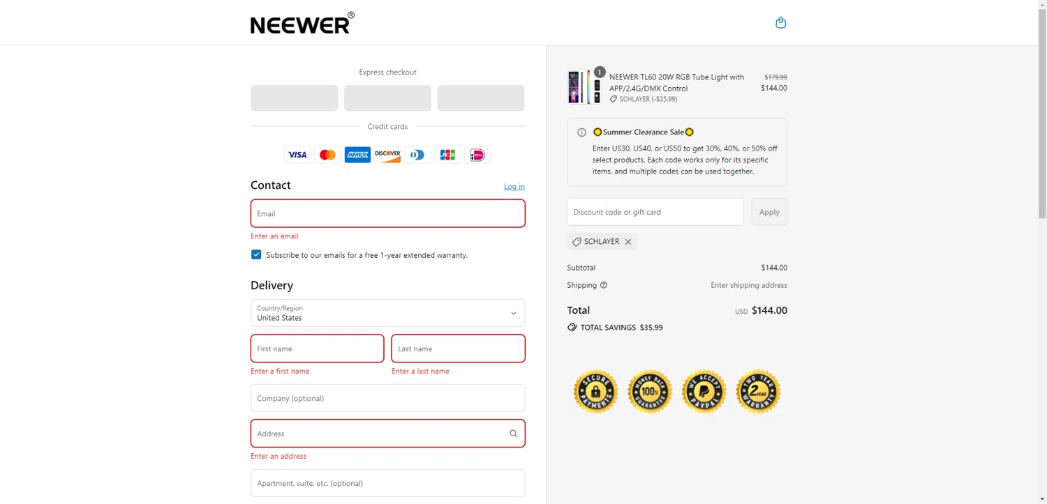 Neewer discount code screenshot showing code SCHLAYER applied at Neewer checkout page. Uploaded by SimplyCodes community member PennyRanger8219 on Aug 9, 2025