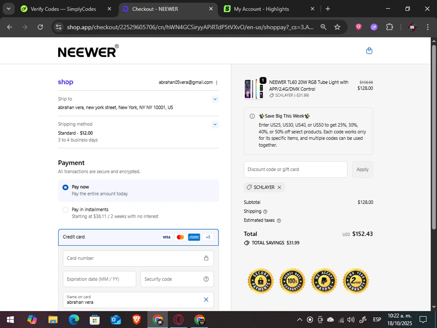 Neewer discount code screenshot showing code SCHLAYER applied at Neewer checkout page. Uploaded by SimplyCodes community member TreasureAdmiral6867 on Oct 18, 2025