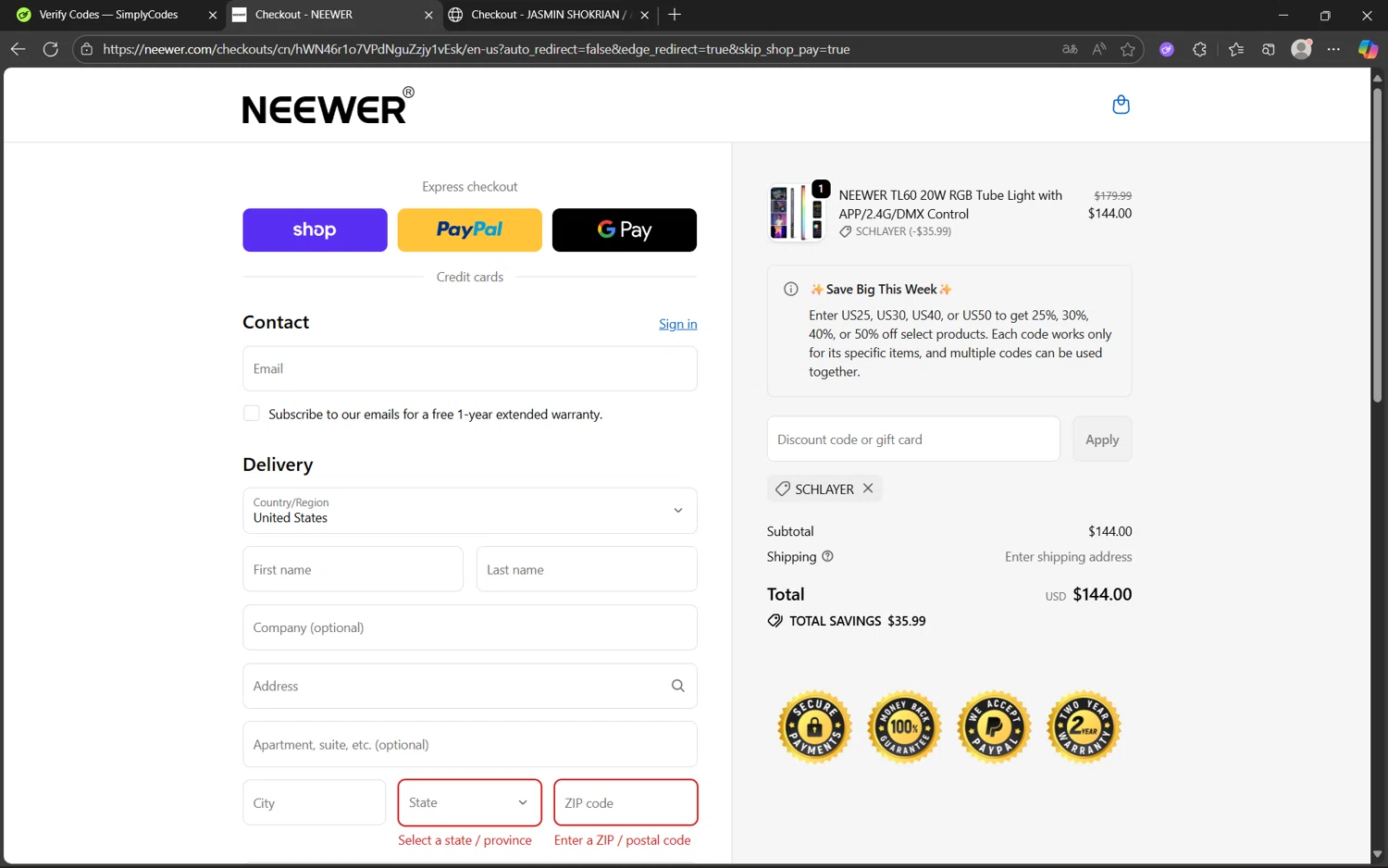 Neewer discount code screenshot showing code SCHLAYER applied at Neewer checkout page. Uploaded by SimplyCodes community member Yuyu12 on Oct 14, 2025