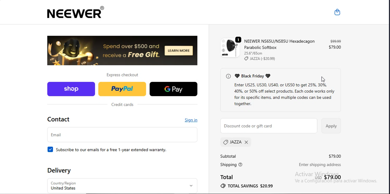Neewer discount code screenshot showing code JAZZA applied at Neewer checkout page. Uploaded by SimplyCodes community member CodeEagle1166 on Nov 29, 2025