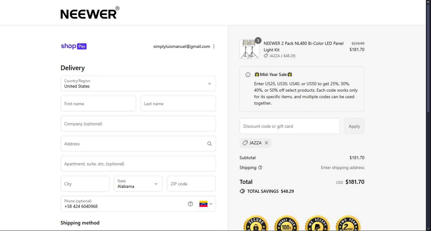 Neewer discount code screenshot showing code JAZZA applied at Neewer checkout page. Uploaded by SimplyCodes community member MoneyScout2554 on Jul 23, 2025