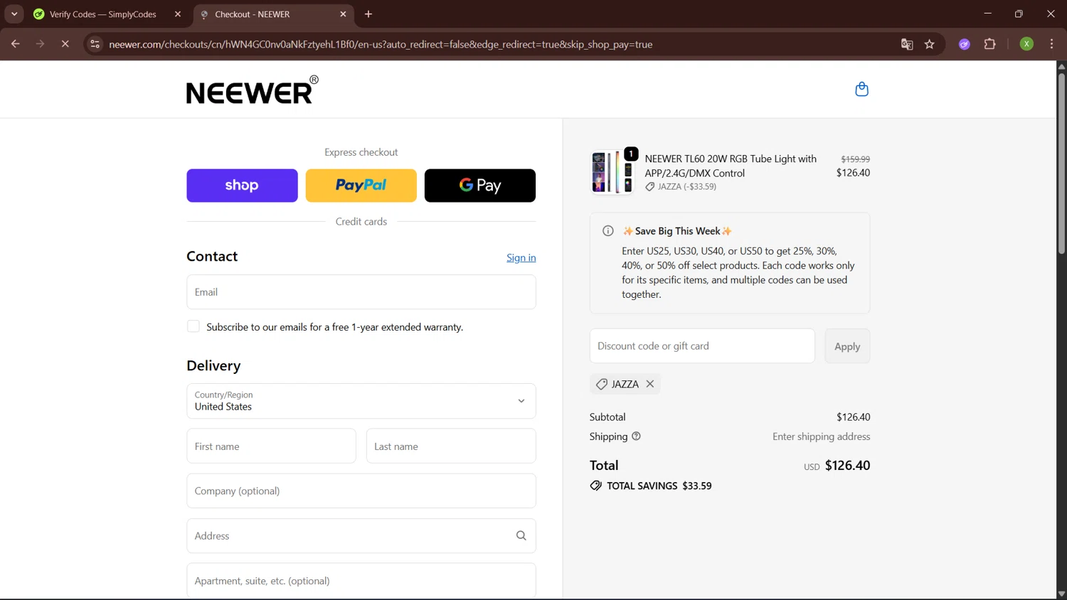 Neewer discount code screenshot showing code JAZZA applied at Neewer checkout page. Uploaded by SimplyCodes community member SaleTiger1087 on Oct 18, 2025