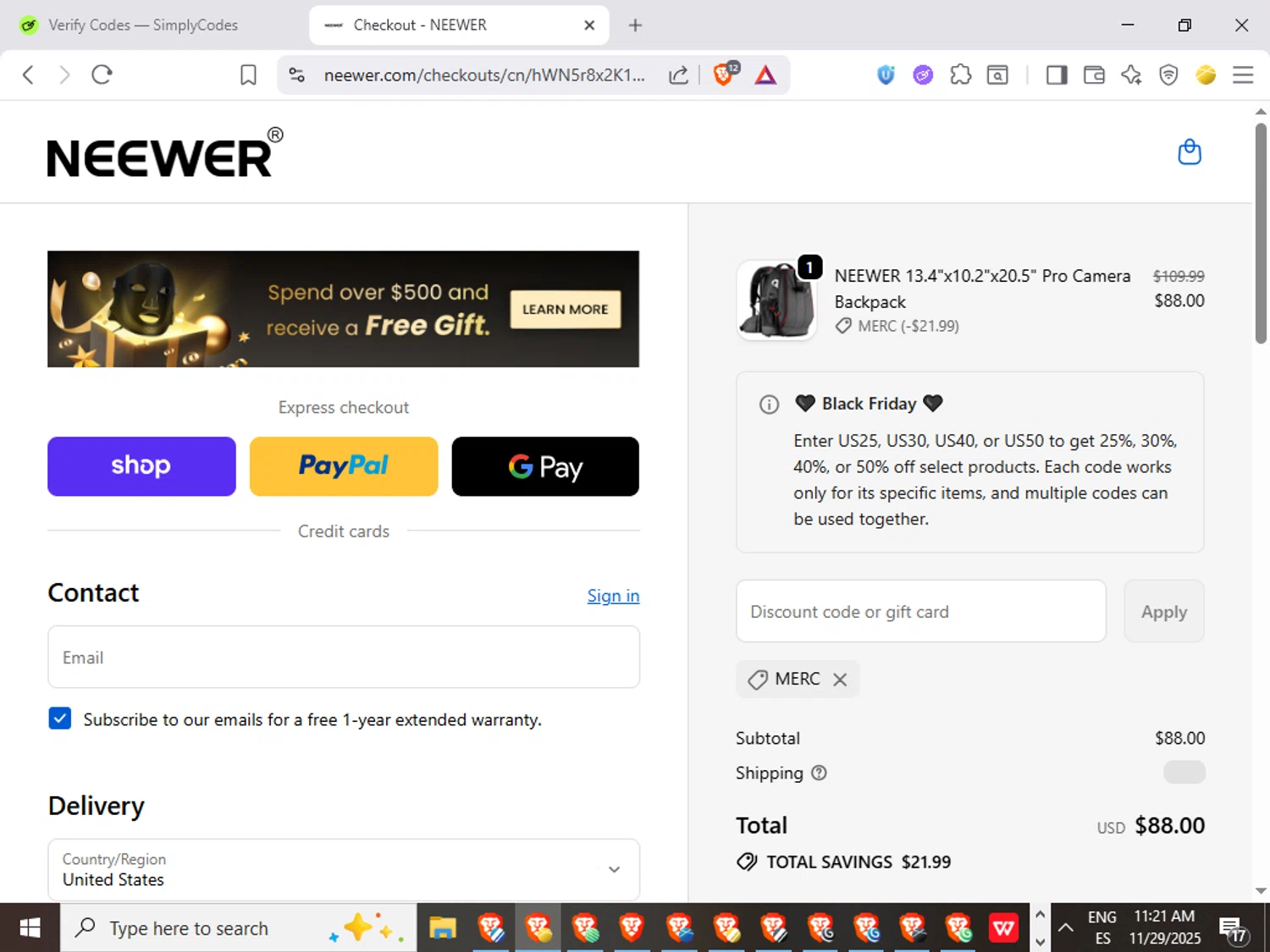 Neewer discount code screenshot showing code MERC applied at Neewer checkout page. Uploaded by SimplyCodes community member QuestWarden1268 on Nov 29, 2025