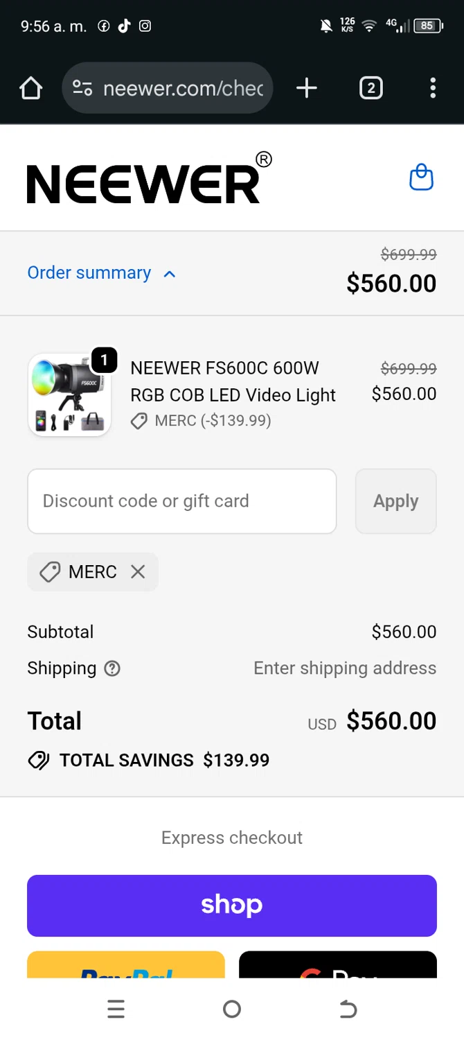 Neewer discount code screenshot showing code MERC applied at Neewer checkout page. Uploaded by SimplyCodes community member TokenAce5969 on Nov 24, 2025
