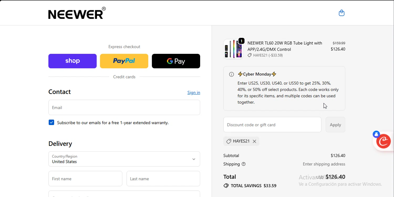 Neewer discount code screenshot showing code HAYES21 applied at Neewer checkout page. Uploaded by SimplyCodes community member CodeEagle1166 on Dec 3, 2025