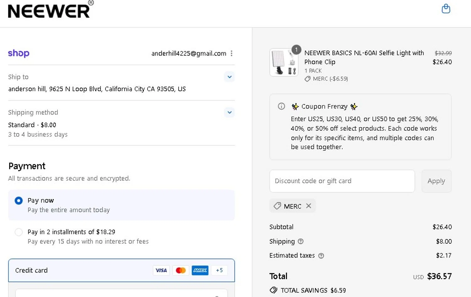 Neewer discount code screenshot showing code MERC applied at Neewer checkout page. Uploaded by SimplyCodes community member Elcompa on Sep 10, 2025