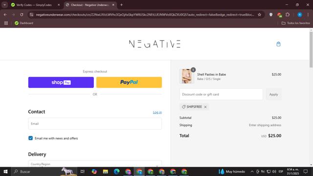 Negative Underwear checkout page showing Negative Underwear promo code box | Screenshot taken by SimplyCodes community member on Jan 31, 2025