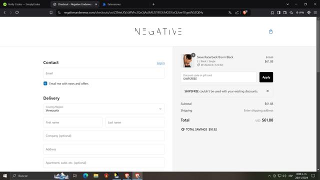 Negative Underwear checkout page showing Negative Underwear promo code box | Screenshot taken by SimplyCodes community member on Nov 29, 2024