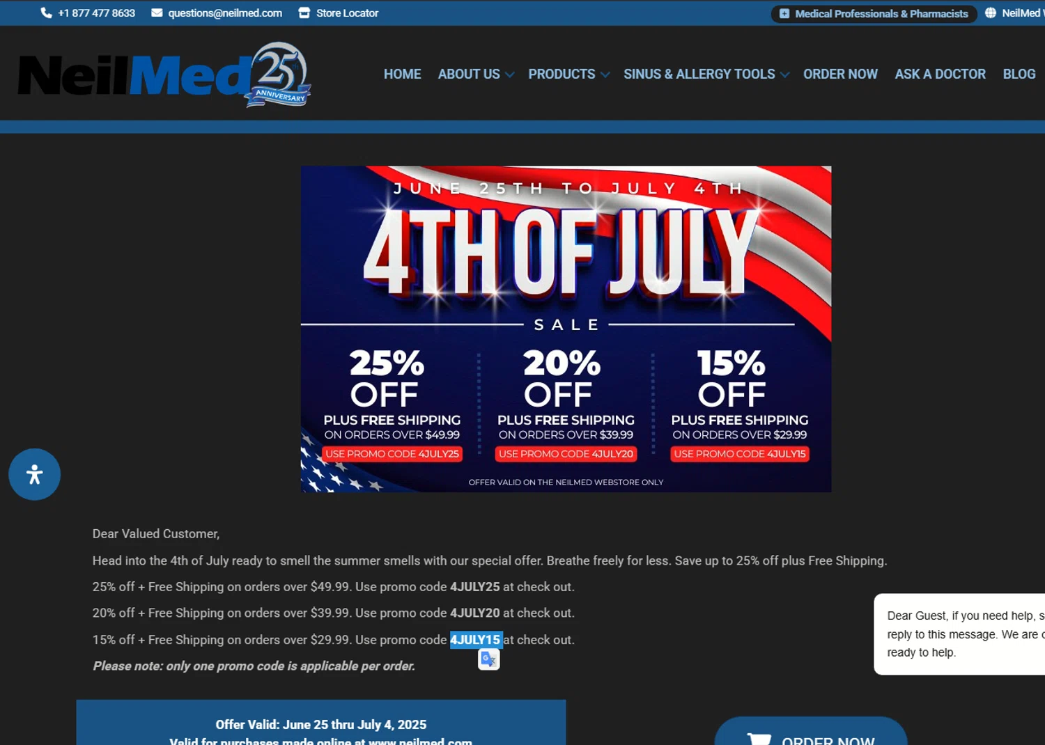 NeilMed promo code screenshot showing code 4JULY15 applied at NeilMed checkout page. Uploaded by SimplyCodes community member Parangutirimicuaro on Jul 24, 2025