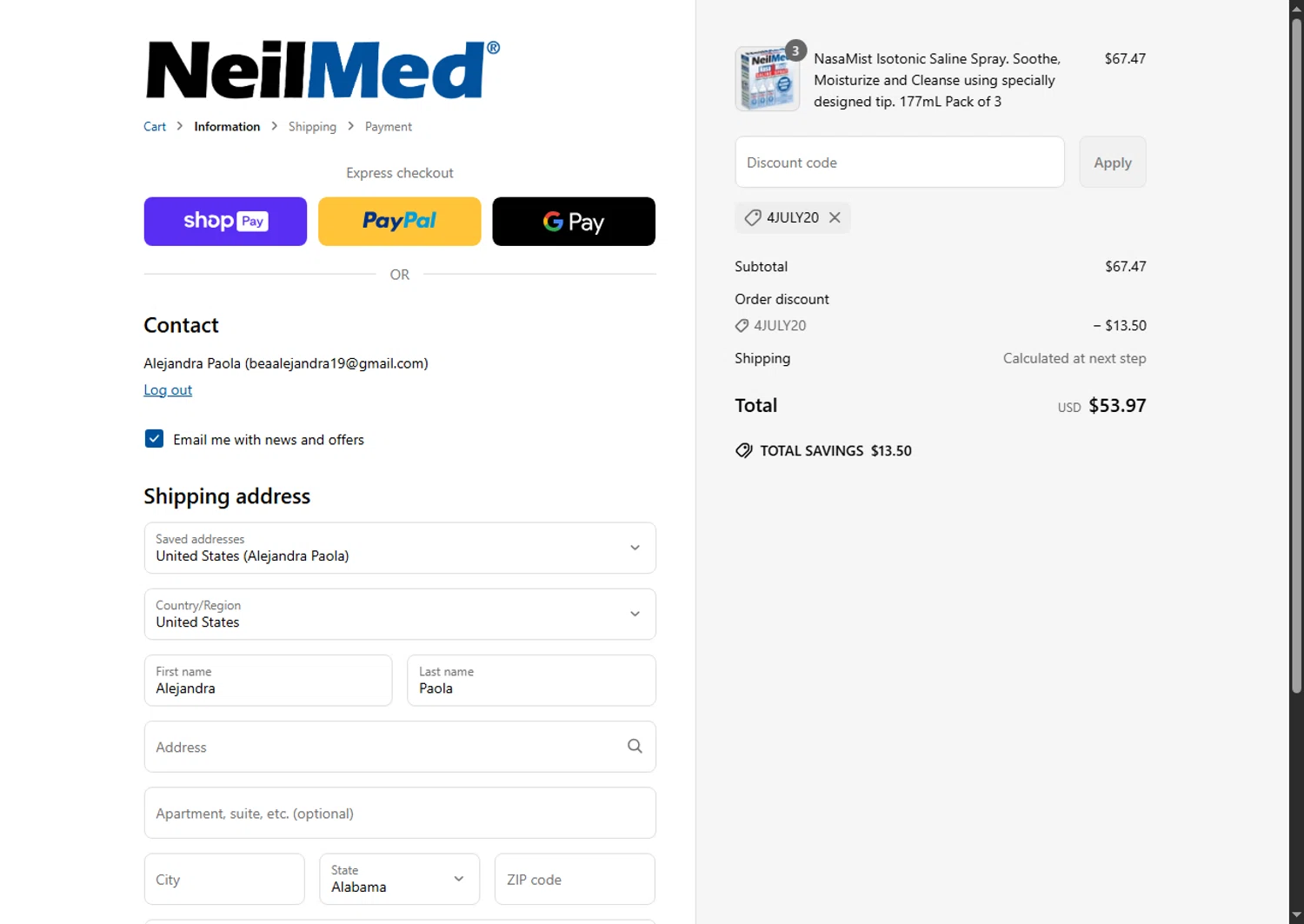 NeilMed checkout page showing NeilMed promo code box | Screenshot taken by SimplyCodes community member on Jun 25, 2025
