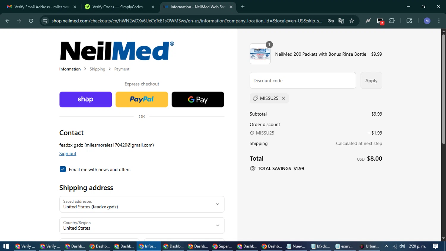 NeilMed checkout page showing NeilMed promo code box | Screenshot taken by SimplyCodes community member on Sep 13, 2025