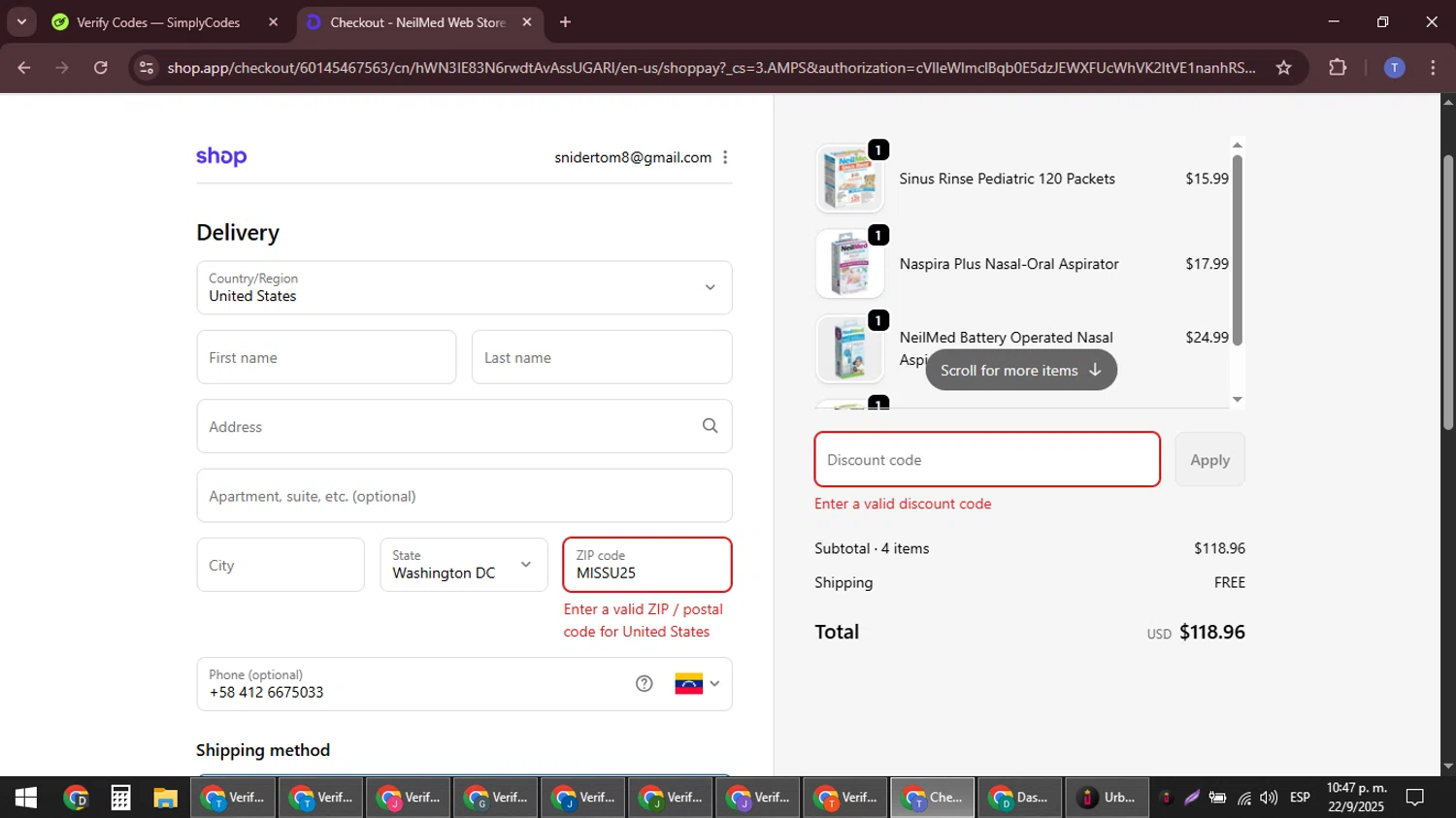 NeilMed promo code screenshot showing code MISSU25 applied at NeilMed checkout page. Uploaded by SimplyCodes community member snidertom8 on Sep 23, 2025