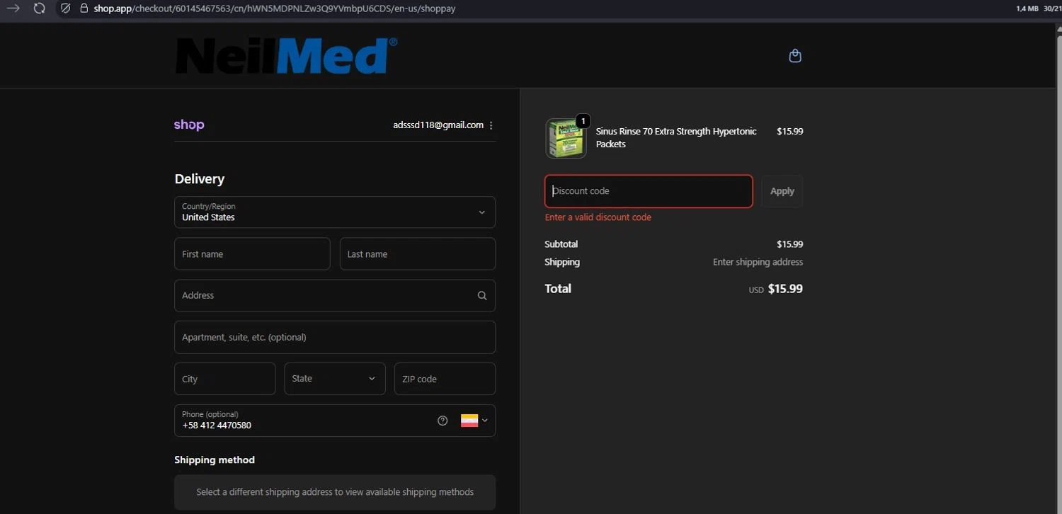 NeilMed promo code screenshot showing code MISSU-SL2R47SL applied at NeilMed checkout page. Uploaded by SimplyCodes community member LegendarySeeker3956 on Nov 16, 2025