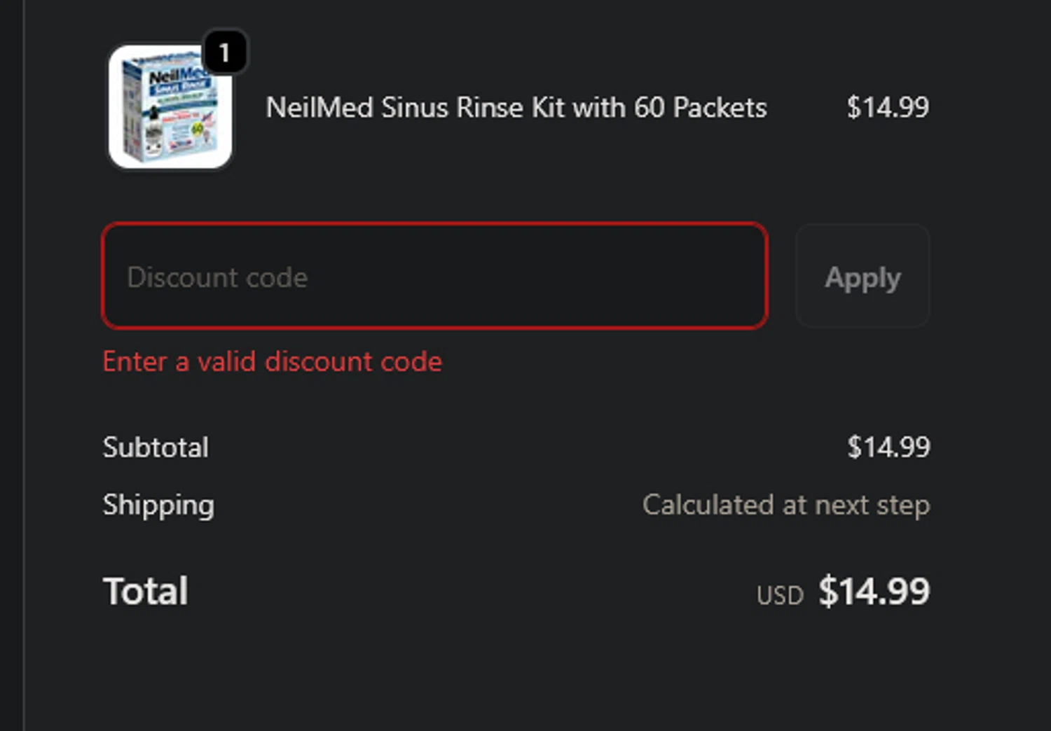 NeilMed promo code screenshot showing code MISSU-SL2R47SL applied at NeilMed checkout page. Uploaded by SimplyCodes community member xocelot44x on Nov 16, 2025