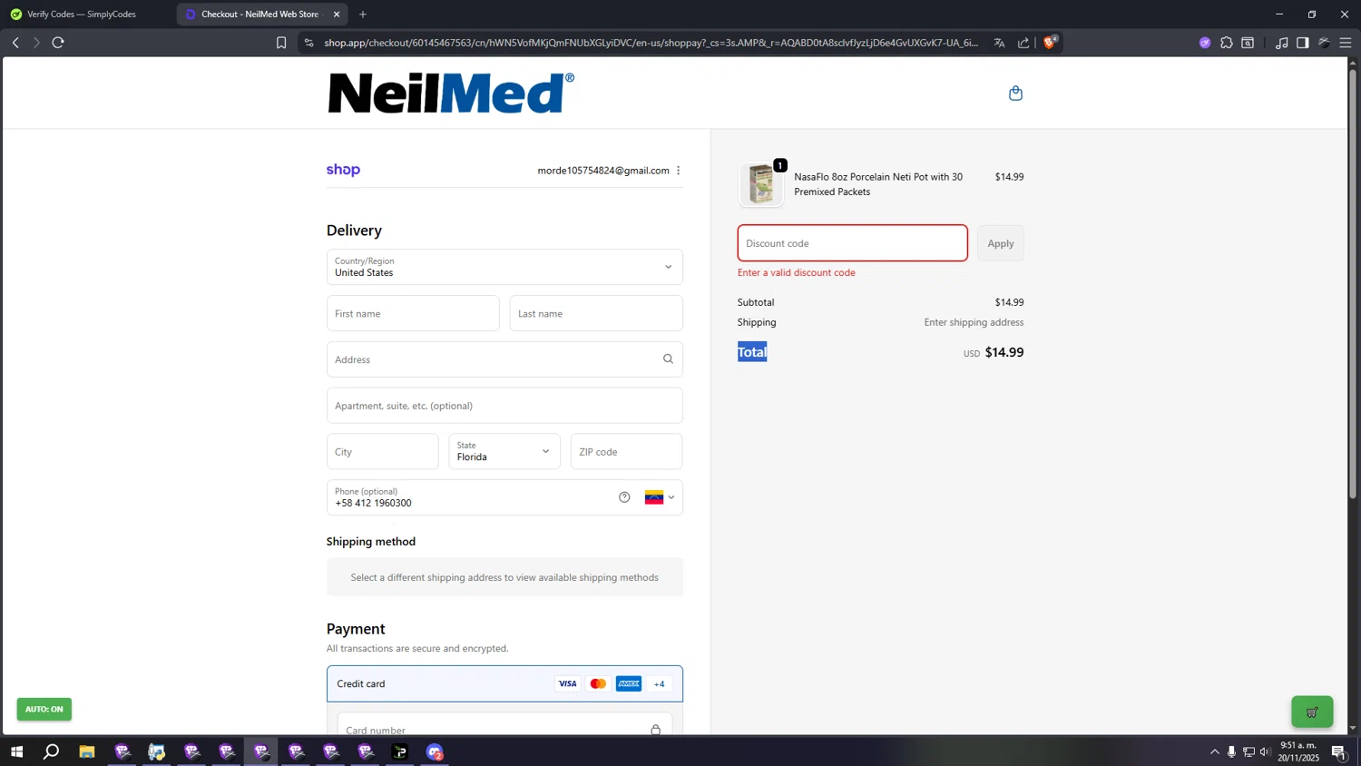 NeilMed promo code screenshot showing code hw252025 applied at NeilMed checkout page. Uploaded by SimplyCodes community member qqqqqqqqqqqqq on Nov 20, 2025