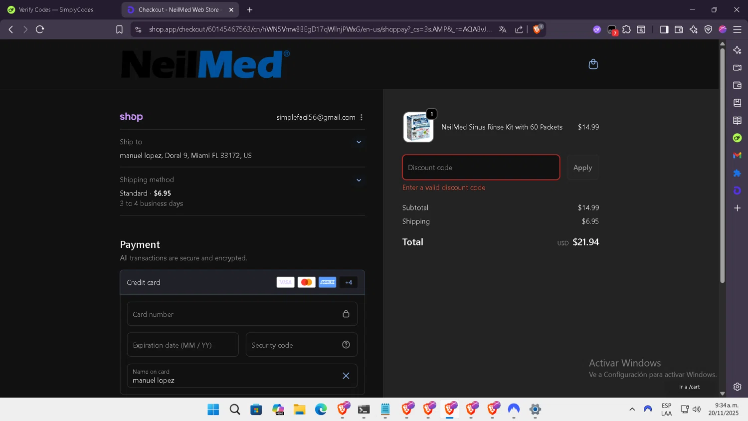 NeilMed promo code screenshot showing code hw202025 applied at NeilMed checkout page. Uploaded by SimplyCodes community member NobleLegend6162 on Nov 20, 2025